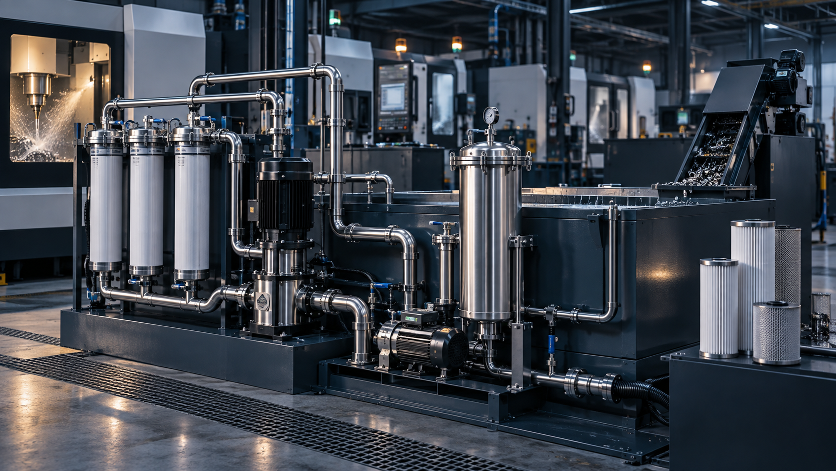 Installed machining-fluid filtration system with replacement filters in a precision-machining facility