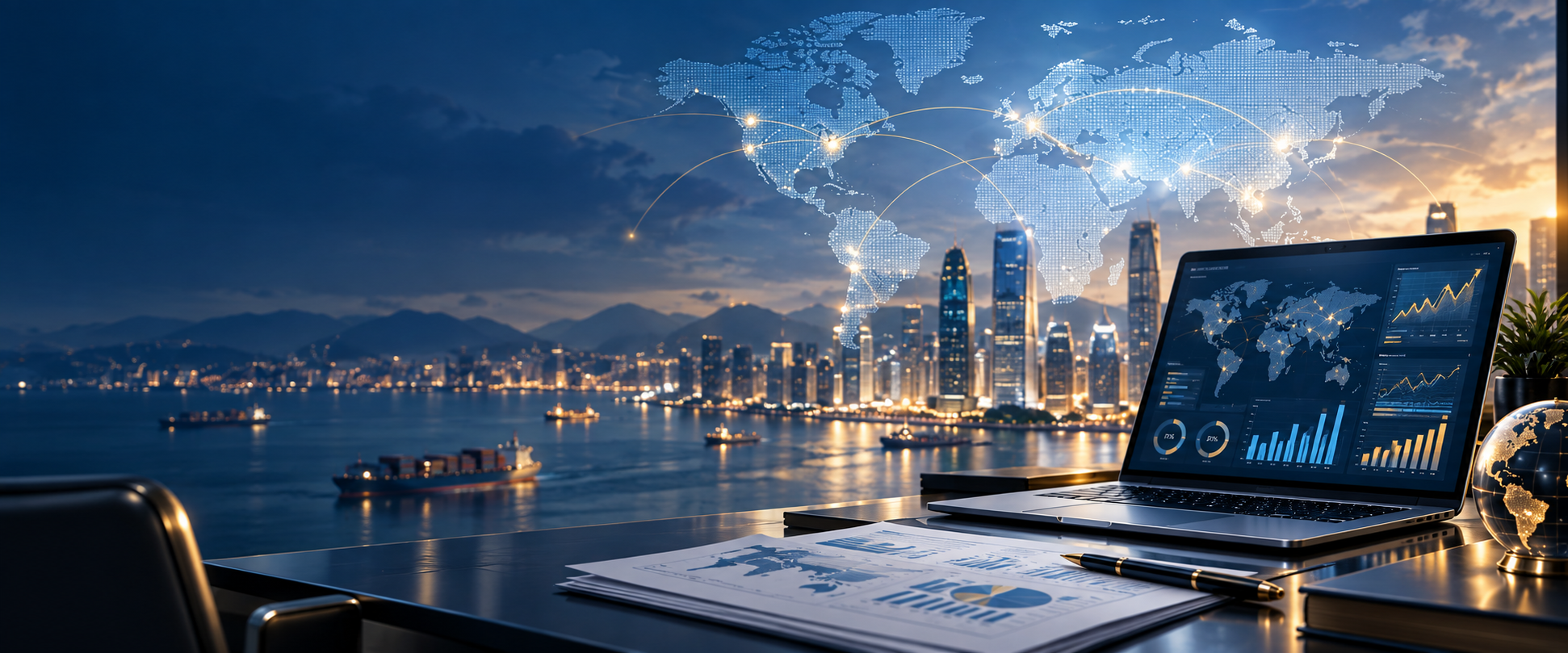 Insights visual representing global market connections and industrial business analysis