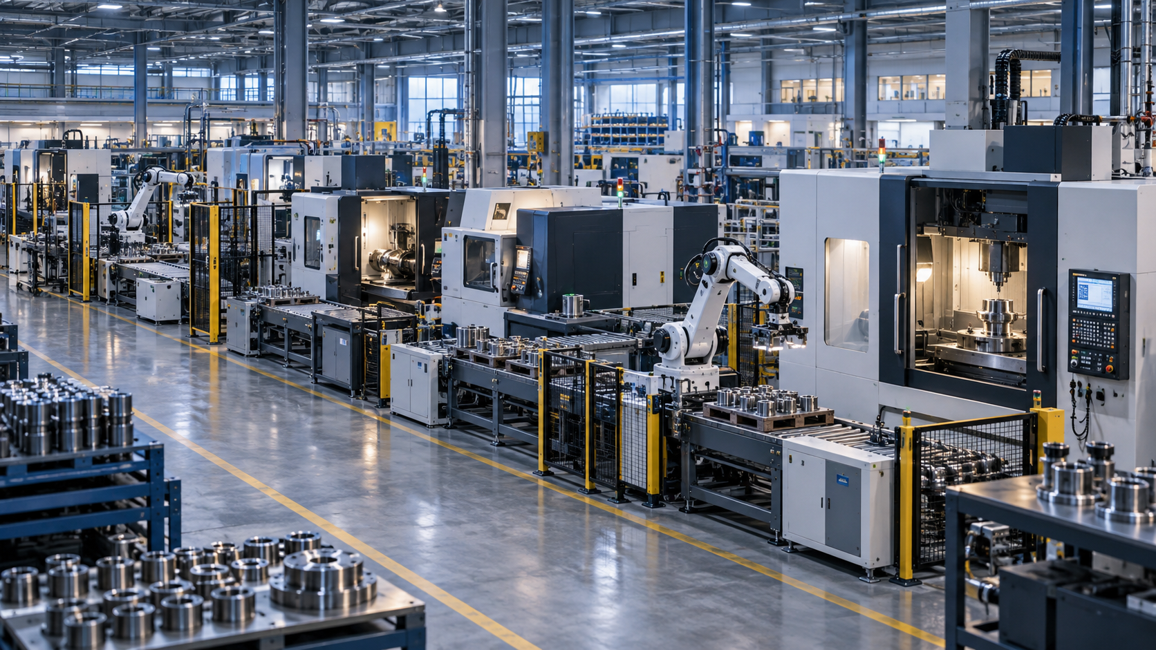 Installed production line with multiple machine tools and automation systems